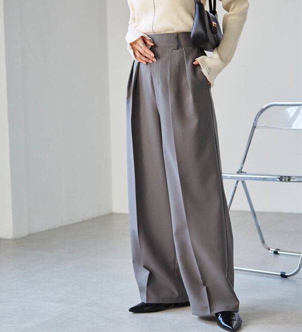 セザンヌ ２タック チェック ロング ワイド パンツ 選べる股下】きれい見え2タックワイドスラックス - ベルーナ