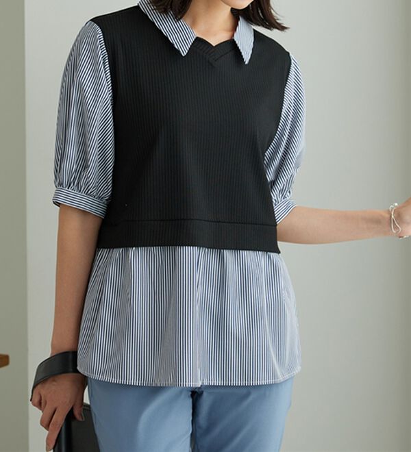BELLUNA（ベルーナ）の「衿付きVネック異素材切替チュニック（チュニック）」｜詳細画像