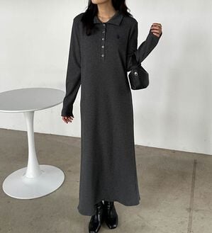 RANAN（ラナン）の「＜U.S.POLO ASSN.＞ポロ衿長袖リブワンピース（ロングワンピース）」｜グレー