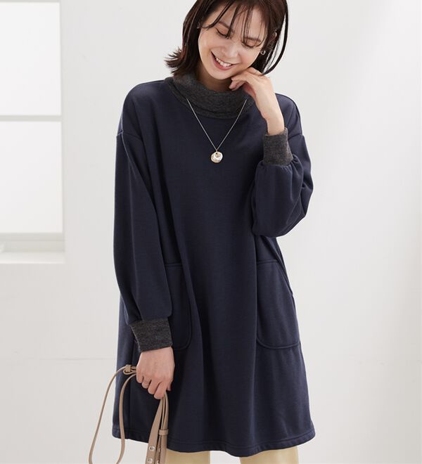 オフタートルネック配色リブ切替チュニック - ベルーナ【公式】