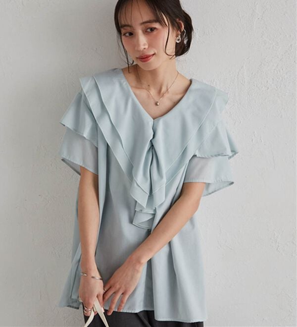 RANAN（ラナン）の「ビッグカラーフリルハーフスリーブブラウス（シャツ）」｜詳細画像