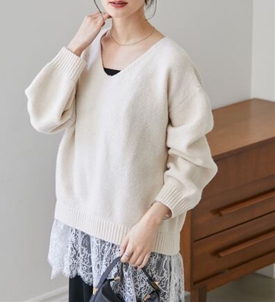 RANAN（ラナン）の「裾レースＶネックニットチュニック（ニット・セーター）」