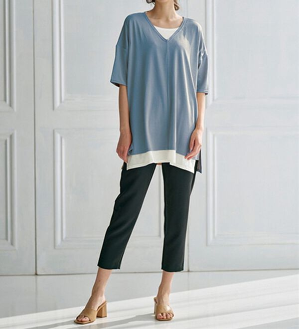 RANAN（ラナン）の「レイヤード風ニットソー半袖チュニック（チュニック）」｜詳細画像