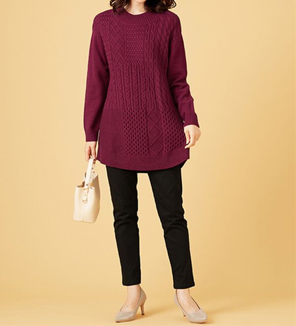 BELLUNA（ベルーナ）の「パッチワーク調ケーブルニットチュニック（チュニック）」｜詳細画像