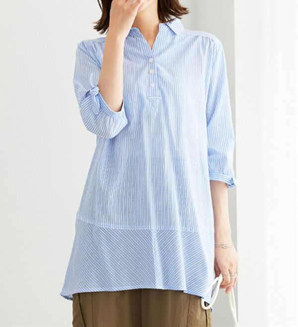BELLUNA（ベルーナ）の「綿１００％ストライプ袖リボンチュニック（チュニック）」｜詳細画像