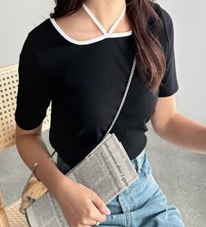 GeeRA（ジーラ）の「ホルターネック配色リブカットソー（カットソー）」｜ブラック