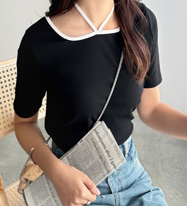 GeeRA（ジーラ）の「ホルターネック配色リブカットソー（カットソー）」｜ブラック