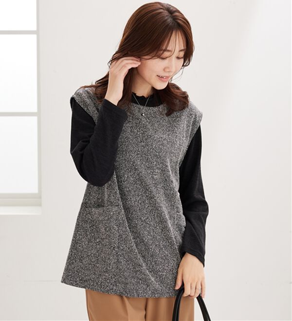 BELLUNA（ベルーナ）の「【2点セット】ブークレ素材ポケットデザインアンサンブル（アンサンブル）」｜黒&times;黒