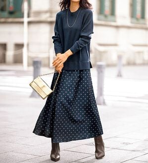 BELLUNA（ベルーナ）の「ニット切替プリントワンピース（ドッキングワンピース）」｜ネイビー系