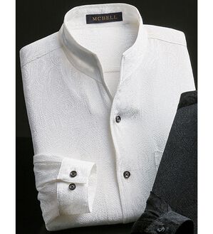 「日本製　ちりめんジャカードスタンドシャツ（メンズシャツ）」｜ホワイト