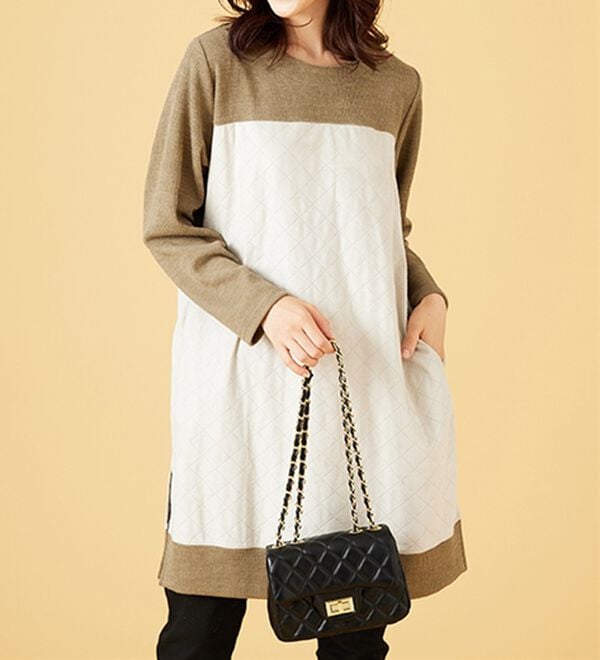 BELLUNA（ベルーナ）の「【Ｌａｇｒｉｌｕａ】異素材切替キルトステッチ風チュニック（チュニック）」｜オリーブ系