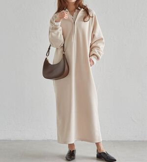 RANAN（ラナン）の「裏起毛ハーフジップワンピース（ロングワンピース）」｜アイボリー