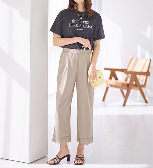 alotta（アロッタ）の「【４つの機能付】ひんやり裾レース楽ちんストレートパンツ（ワイドパンツ・ガウチョ）」｜詳細画像