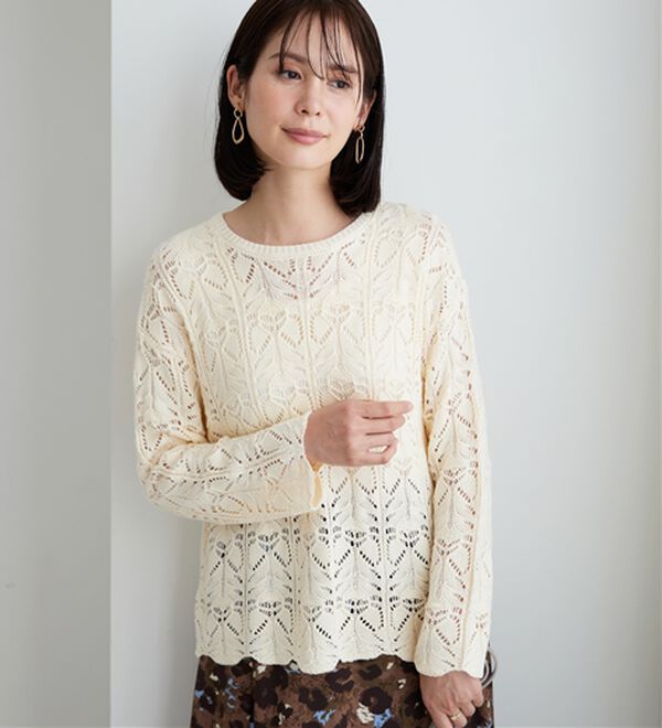 BELLUNA（ベルーナ）の「リボン柄透かし編ニットプルオーバー（ニット・セーター）」｜アイボリー