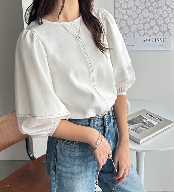 GeeRA（ジーラ）の「袖シアー切替ランタンスリーブトップス（カットソー）」｜詳細画像