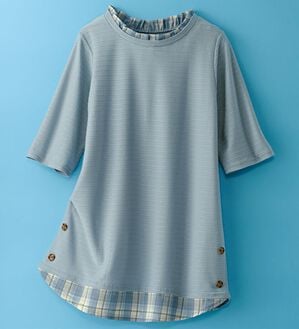 BELLUNA（ベルーナ）の「ひんやり冷感！タックジャカード素材重ね着風プルオーバー（カットソー）」｜ブルー