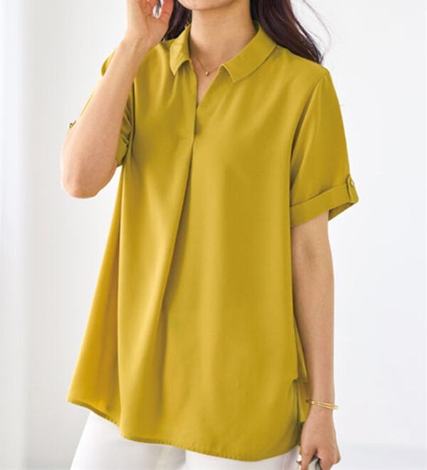 BELLUNA（ベルーナ）の「ジョーゼット素材スキッパーシャツブラウス（シャツ）」｜イエロー