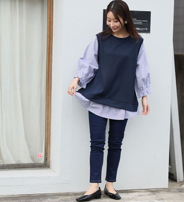 A HAPPY MARILYN（アハッピーマリリン）の「【Ｌ～６Ｌ】華奢魅せ&times;お洒落さっと着てパッと可愛い１枚で完成ドッキングトップス（カットソー）」｜詳細画像