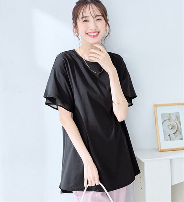 alotta（アロッタ）の「【接触冷感】＜丈が選べる＞袖口シフォンＴシャツ／チュニック（カットソー）」｜ブラック／チュニック丈