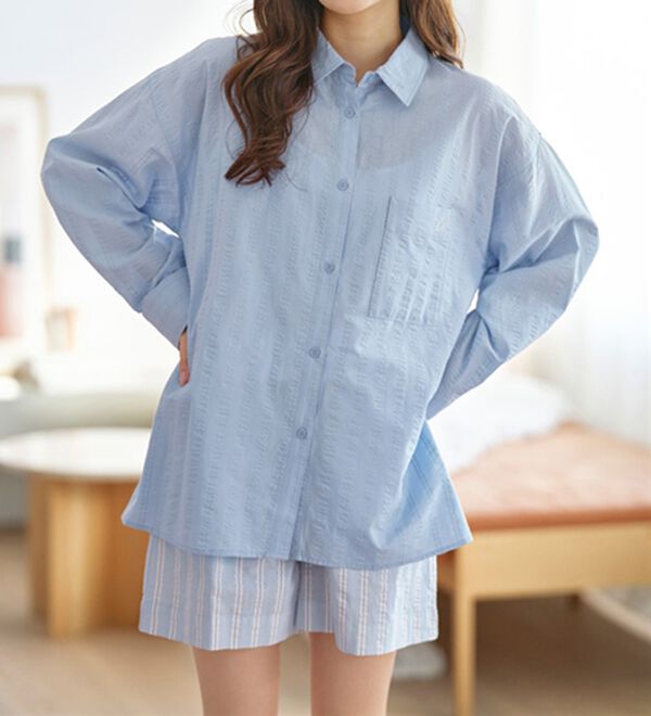 長袖＋ショートパンツ】綿100％サッカーシャツパジャマ - ベルーナ