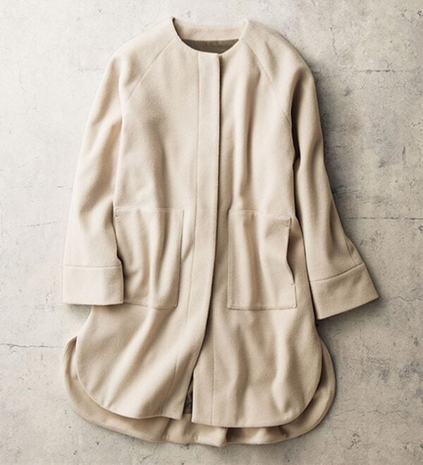 VINNO（ヴィノ）の「ウール調ノーカラーロングコート（ロングコート）」｜グレージュ