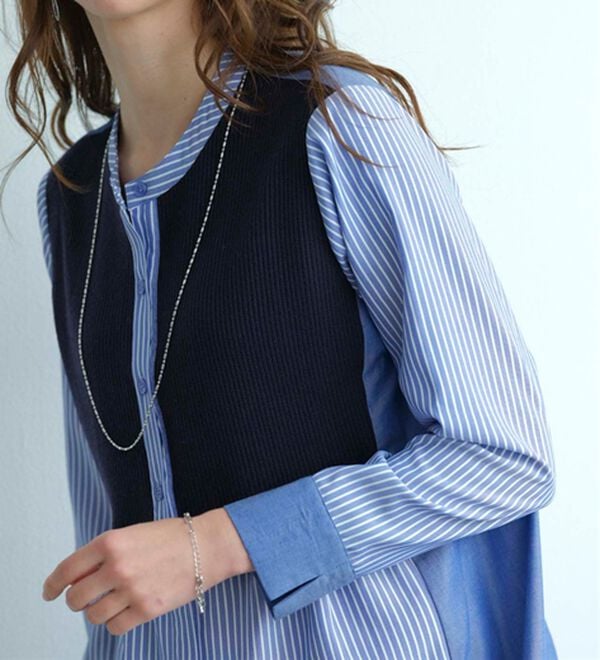 BELLUNA（ベルーナ）の「ストライプ&times;異素材切替シャツチュニック（チュニック）」｜詳細画像