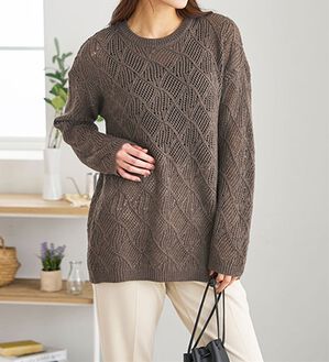 BELLUNA（ベルーナ）の「リーフ柄透かし編ニットチュニック（チュニック）」｜モカ