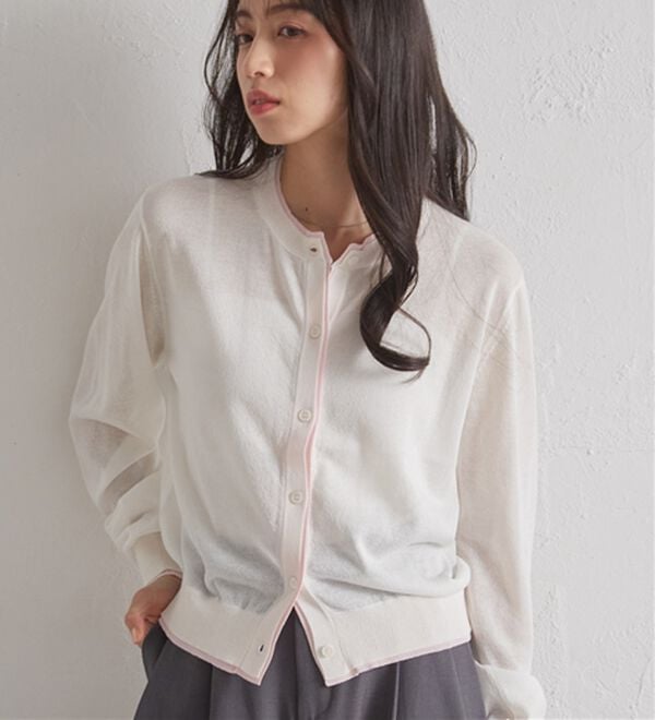 RANAN（ラナン）の「レイヤード風バイカラーシアーカーデ（ニットカーディガン）」｜詳細画像