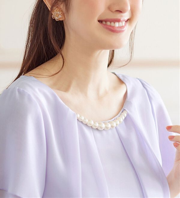 入学式卒業式に！アクセ付シフォンタックブラウス（選べる！半袖／7分
