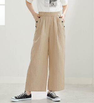 BELLUNA（ベルーナ）の「ダブルガーゼ素材ボタン使いワイドパンツ（ワイドパンツ・ガウチョ）」｜ベージュストライプ