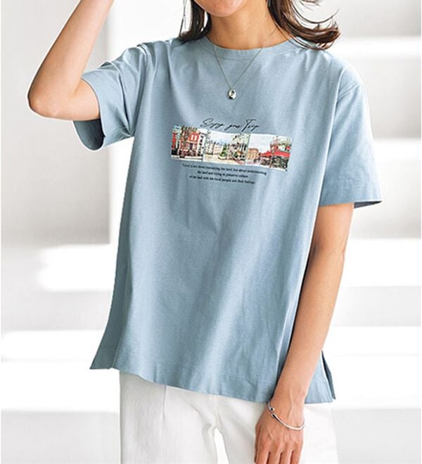 BELLUNA（ベルーナ）の「ヒンヤリ！綿１００％大人フォトプリントＴシャツ（Tシャツ）」｜スモーキーブルー