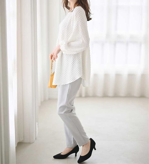 RANAN（ラナン）の「パール調ボタン付ジャカードフレアーブラウス（チュニック）」｜詳細画像