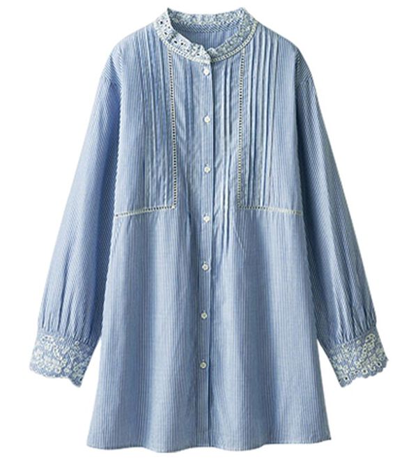 BELLUNA（ベルーナ）の「上品に着映える！衿＆袖レース切替シャツチュニック（チュニック）」｜ストライプ