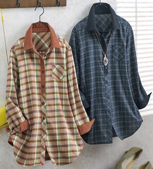 ルフラン（ルフラン）の「【２色組】羽織りに重宝＊ネルシャツチュニック（シャツ）」｜詳細画像