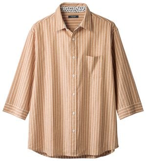 「フレンチリネンブレンドカジュアルシャツ（メンズシャツ）」｜ベージュストライプ