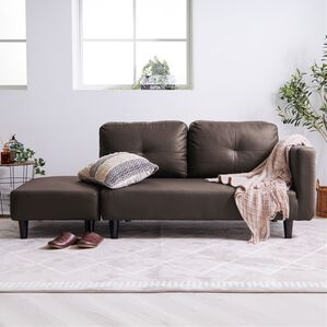 iellio（イエリオ）の「オットマン付カジュアルカウチソファ＜ソファベッド・ソファーベッド・２人掛け・３人掛け・カウチソファー・ローソファ＞（ソファ）」｜ブラウンレザー調