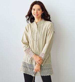 BELLUNA（ベルーナ）の「【Ｌａｇｒｉｌｕａ】綿１００％レース使いシャツチュニック（チュニック）」｜トープ