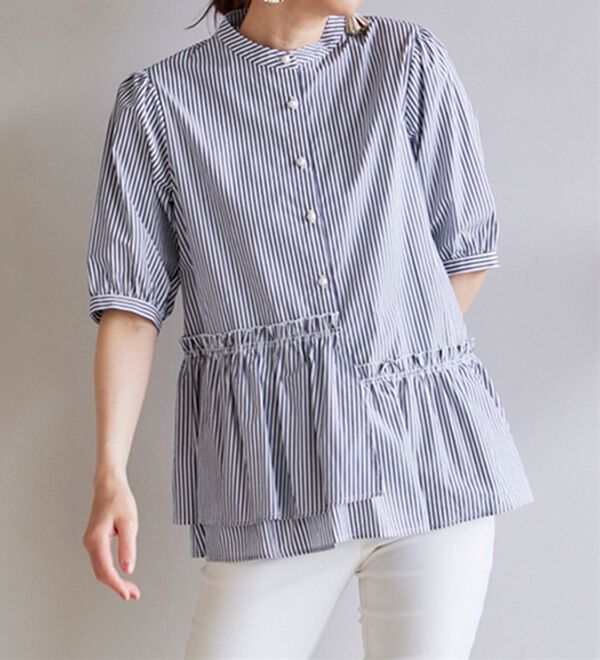 美品 ランバンオンブルー 2万 ペプラムブラウス ホワイト ギャザーブラウス 5分袖ペプラムギャザーブラウス - ベルーナ【公式】