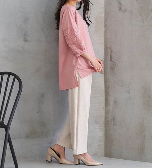 RANAN（ラナン）の「機能付！袖レース切替ロング丈カットソー（チュニック）」｜詳細画像