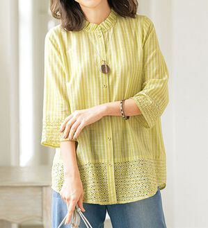 ルフラン（ルフラン）の「花刺しゅうのストライプブラウス（ブラウス）」｜イエロー系