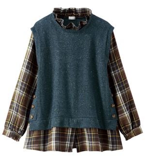 BELLUNA（ベルーナ）の「カラーネップ素材重ね着風プルオーバー（カットソー）」｜ネイビー