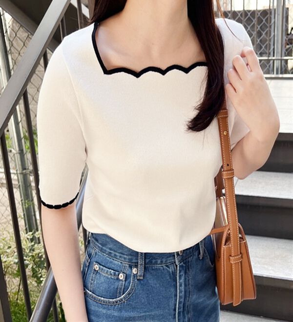 GeeRA（ジーラ）の「配色スカラップ５分袖ニット（ニット・セーター）」｜オフホワイト