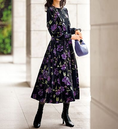 BELLUNA（ベルーナ）の「花柄プリントベロアワンピース（プリントワンピース）」