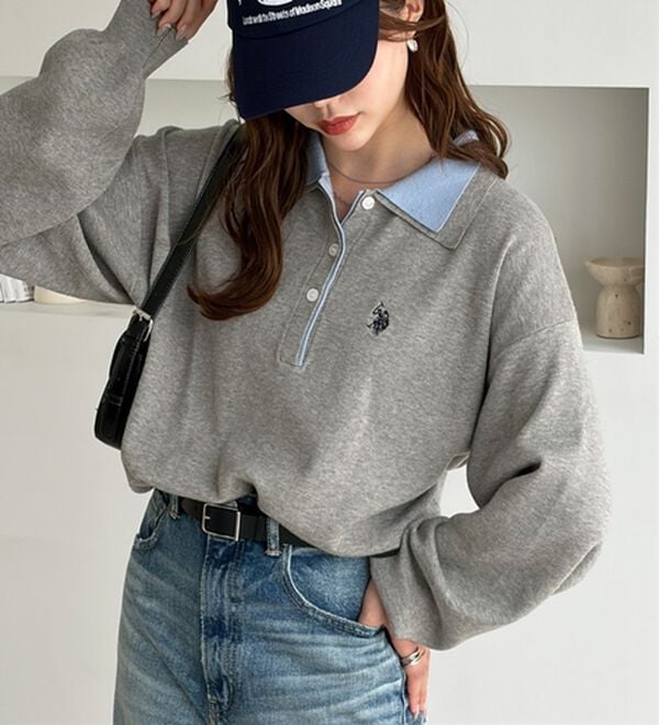 GeeRA（ジーラ）の「【Ｕ．Ｓ．ＰＯＬＯ　ＡＳＳＮ．】バイカラーポロ衿ニット（ニット・セーター）」｜モクグレー