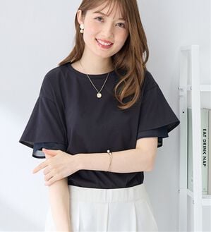 alotta（アロッタ）の「＜丈が選べる＞袖口シフォントップス／チュニック（カットソー）」｜ネイビー／レギュラー丈