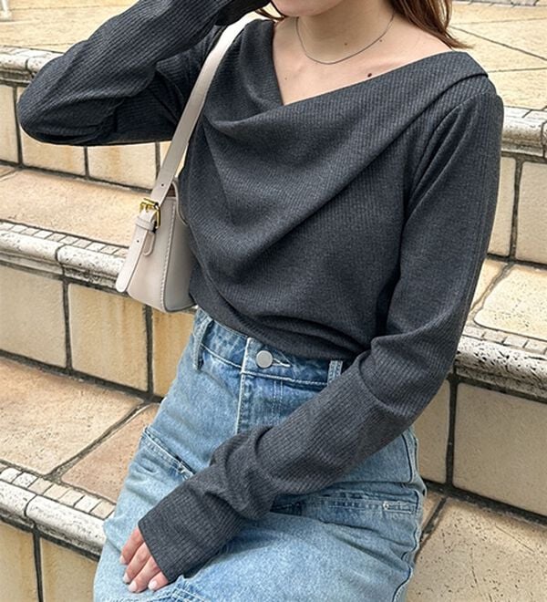 RANAN（ラナン）の「【春色追加】上品ドレープリブロングＴシャツ（カットソー）」｜詳細画像