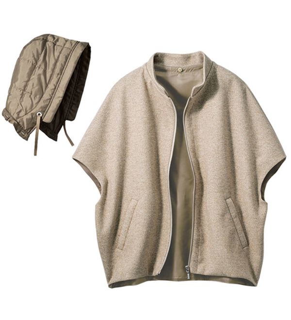 VINNO（ヴィノ）の「フード付ポンチョ風ベスト（ベスト）」｜杢ベージュ