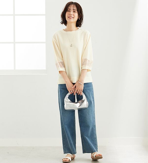 BELLUNA（ベルーナ）の「ジャカード素材袖メッシュレースプルオーバー（カットソー）」｜詳細画像