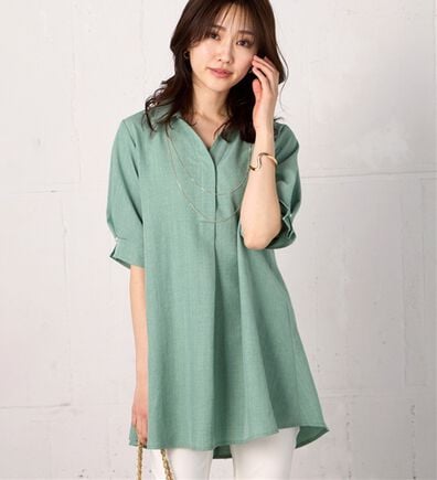 BELLUNA（ベルーナ）の「【接触冷感】麻調素材袖パール付シャツチュニック（チュニック）」