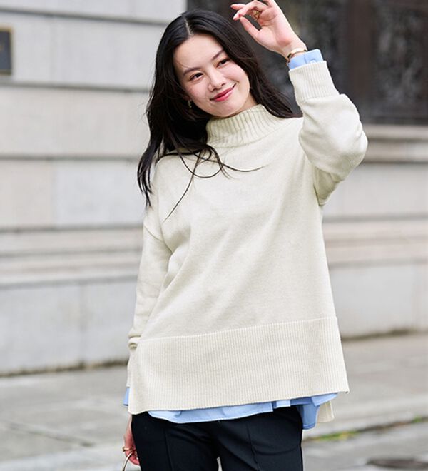 選べる衿】ワイドリブ使いカラーニットチュニック - ベルーナ